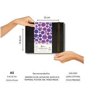 Zen Sangam Express your Mind Zen Sangam Artists - A5 Watercolor Art Journal Landscape - 245 GSM - 20% Cotton Cold Pressed - (50 Pages) - Size (14.8x21cm) - Watercolour Book - Black.