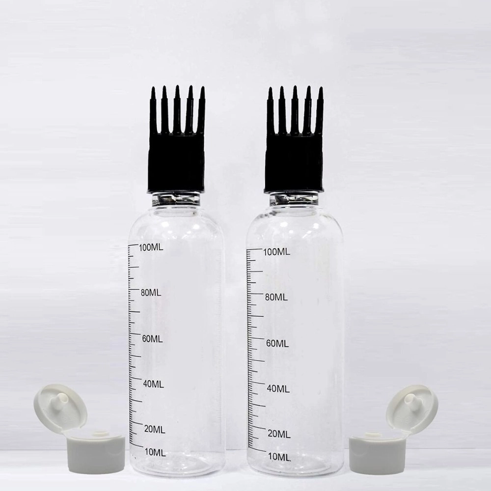 Vedini Hair Root Applicator Bottle with Comb Cap for Applying Hair Oil, Scalp Oil Applicator, Shampoo and Medicines with DIY Sticker, BPA Free, Multiuse Plastic Bottles (100ml, Pack of 2)