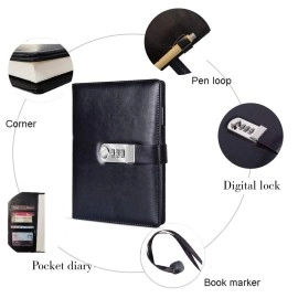 AccuPrints PU Leather 2024 Notebook Diary with Lock, Size 6 ny 8 inch or A5 with Combination Password Journal- Pages 200 undated (Grey)