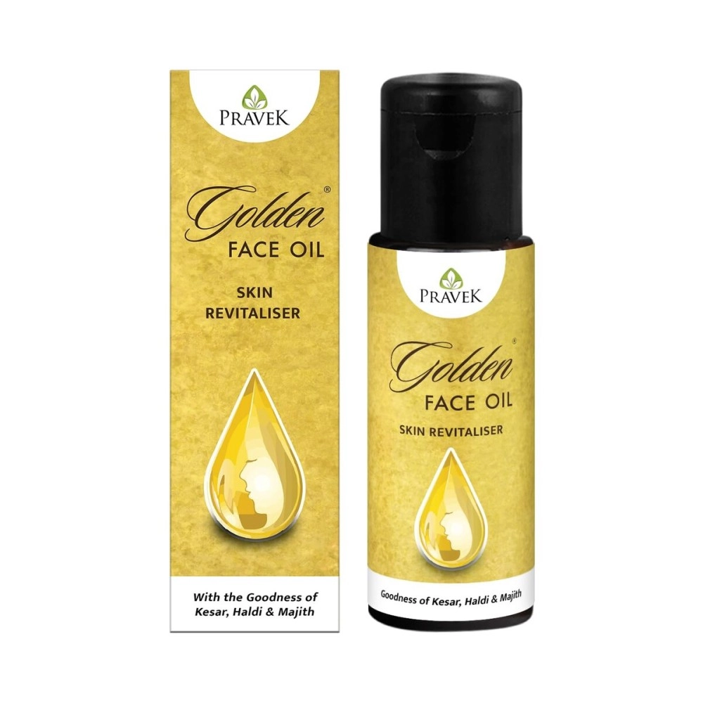 PRAVEK Golden Face Oil, Skin, Super Blend of Kesar, Haldi, Khas, Laksha & Majith, Corrects dryness, acne, dark spots & pigmentation, protects from UV exposure & Pollution, 25 ml