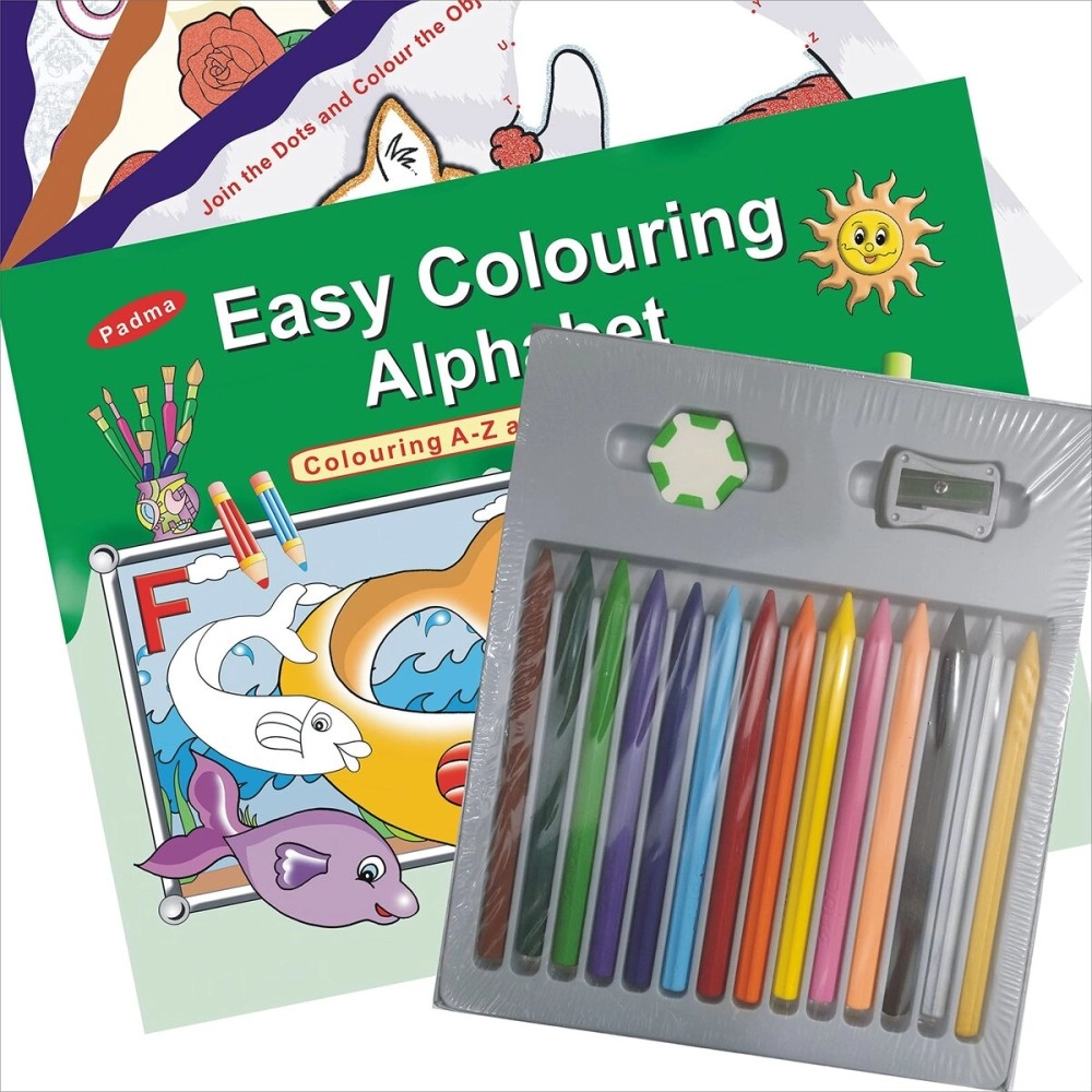 PADMA Plastic Wax Crayons Colors Set 14 Shade Kit for Kids with Drawing, Colouring & Activity Book for Girls and Boys Under 2 Year Old (Kids Plastic Crayons, Alphabet Coloring Book)