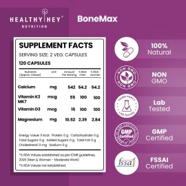 HealthyHey Nutrition Calcium with Magnesium, Vitamin D3 & Vitamin K2- Mk7 - BoneMax - Bone Health Complex -120 Vegetable Capsules