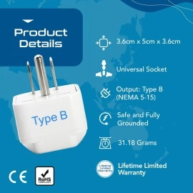 Ceptics India us Converter Plug, India to USA, Japan, Canada & More - Type B Universal Travel Adapter Plug - CE Certified - RoHS Compliant - White - 2 Pack - 5 Years Warranty