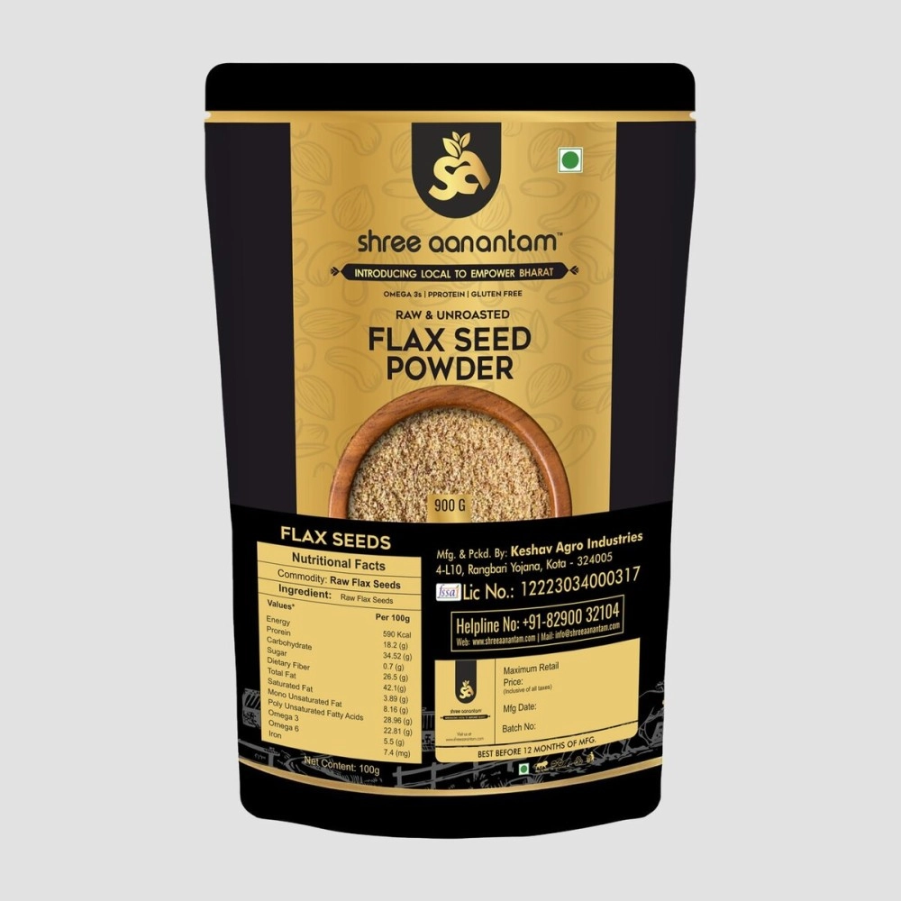 Shree Aanantam ColdMilled Flax Seed Powder - 900gr | NonGMO, GlutenFree Ground Flaxseed Meal | High Fiber Plant Protein & Omega3, Vegan Superfood for Smoothies, Baking & Heart Health