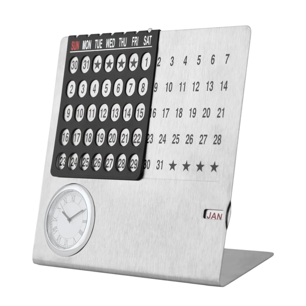 ZAHEPA Lifetime/Perpetual/Permanent/Stainless Steel Table Calendar/Desk Planner/Farewell Gift for Colleague with Clock & Month Display (11 cm X 11 cm X 4 cm) Small Size (Pack of 1)