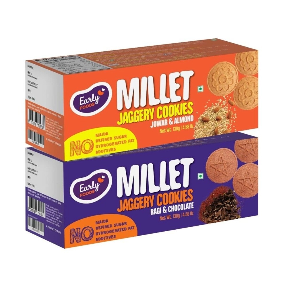 Early Foods Biscuits Combo Pack of 2 - Jowar Almond & Ragi Choco Millet Jaggery Cookies X 2, 150g Each | Sugar free Biscuits