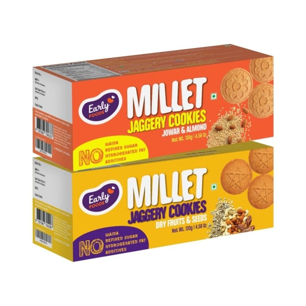 Early Foods Biscuits Combo Pack of 2 - Jowar & Dry Fruits Millet Jaggery Cookies X 2, 150g Each | Sugar Free Biscuits
