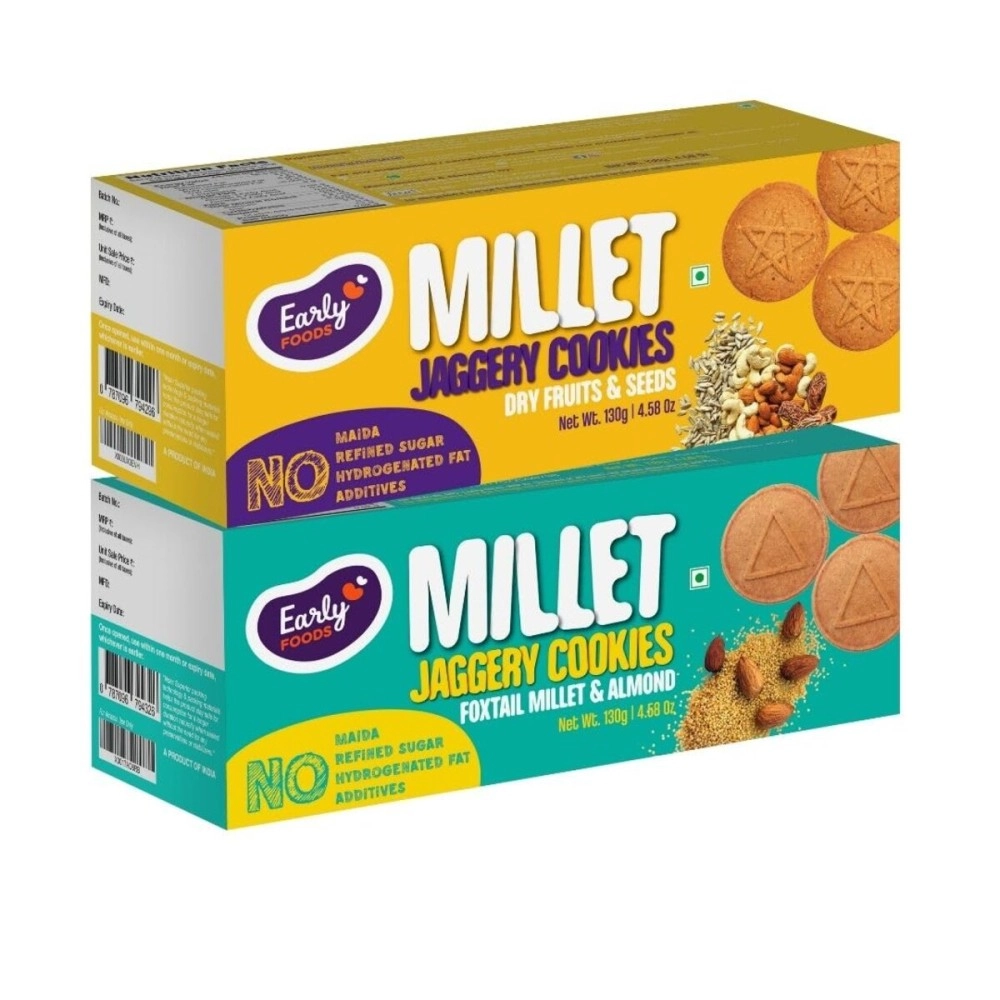 Early Foods Biscuits Combo Pack of 2 - Foxtail & Dry Fruits Jaggery Cookies, 150g Each | Sugar Free Biscuits
