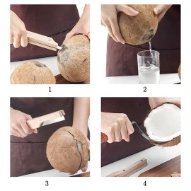 Baskety Coconut Knife, Portable Stainless Steel Coconut Tool, Coconut Opener, Kitchen Coconut Opener with Wooden Non-Slip Handle