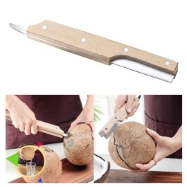 Baskety Coconut Knife, Portable Stainless Steel Coconut Tool, Coconut Opener, Kitchen Coconut Opener with Wooden Non-Slip Handle
