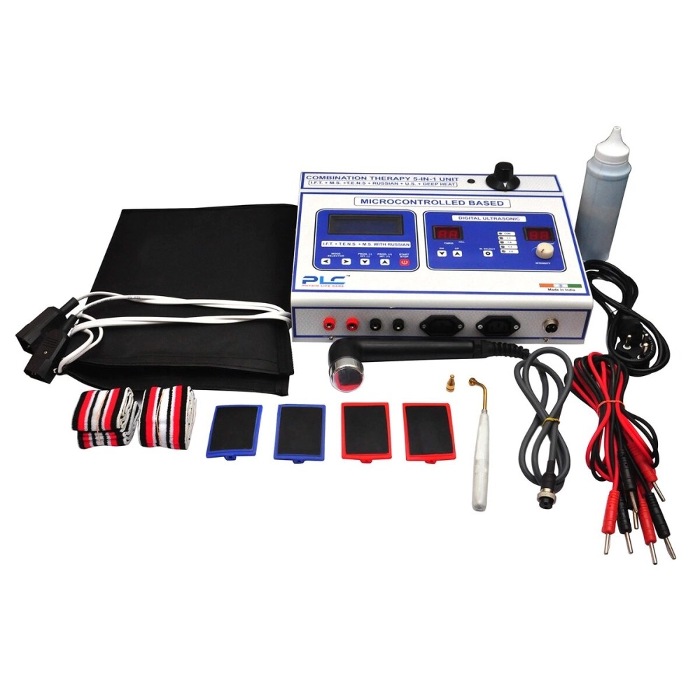Physio Life Care 5 in 1 Physiotherapy Machine (IFT, TENS, MS, Ultrasound, Deep Heat) | Micro Controlled Combo Therapy Unit | 125 Programs, Metal Frame, Pain Relief Device