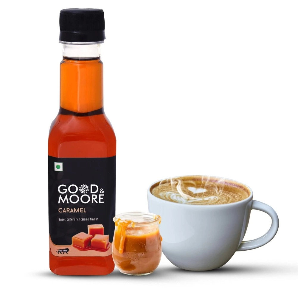 GOOD+MOORE Caramel Syrup | For Coffee, Milkshake, Frappe, Cold-Coffee, Pancakes, Beverages And More | Concentrated Syrup | Ready To Mix | Mixer | Premium Syrup | 250Ml, Liquid