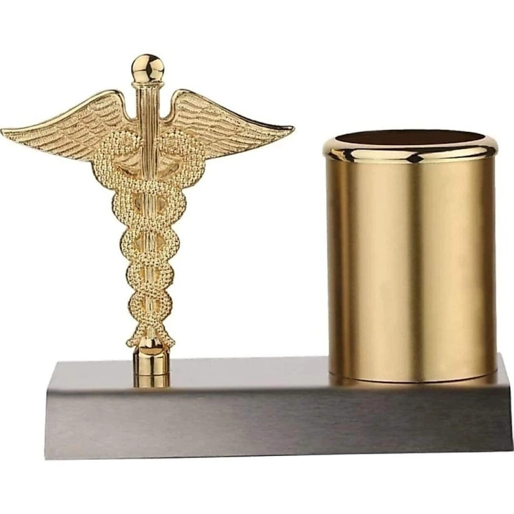 ZAHEPA Pen Stand For Doctors With Caduceus Symbol, Gifts For A Medical Student, Office Accessories, Desk Organiser In Gold & Silver Color, Inside