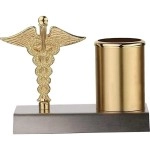 ZAHEPA Pen Stand For Doctors With Caduceus Symbol, Gifts For A Medical Student, Office Accessories, Desk Organiser In Gold & Silver Color, Inside