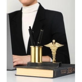 ZAHEPA Pen Stand For Doctors With Caduceus Symbol, Gifts For A Medical Student, Office Accessories, Desk Organiser In Gold & Silver Color, Inside