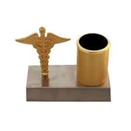 ZAHEPA Pen Stand For Doctors With Caduceus Symbol, Gifts For A Medical Student, Office Accessories, Desk Organiser In Gold & Silver Color, Inside