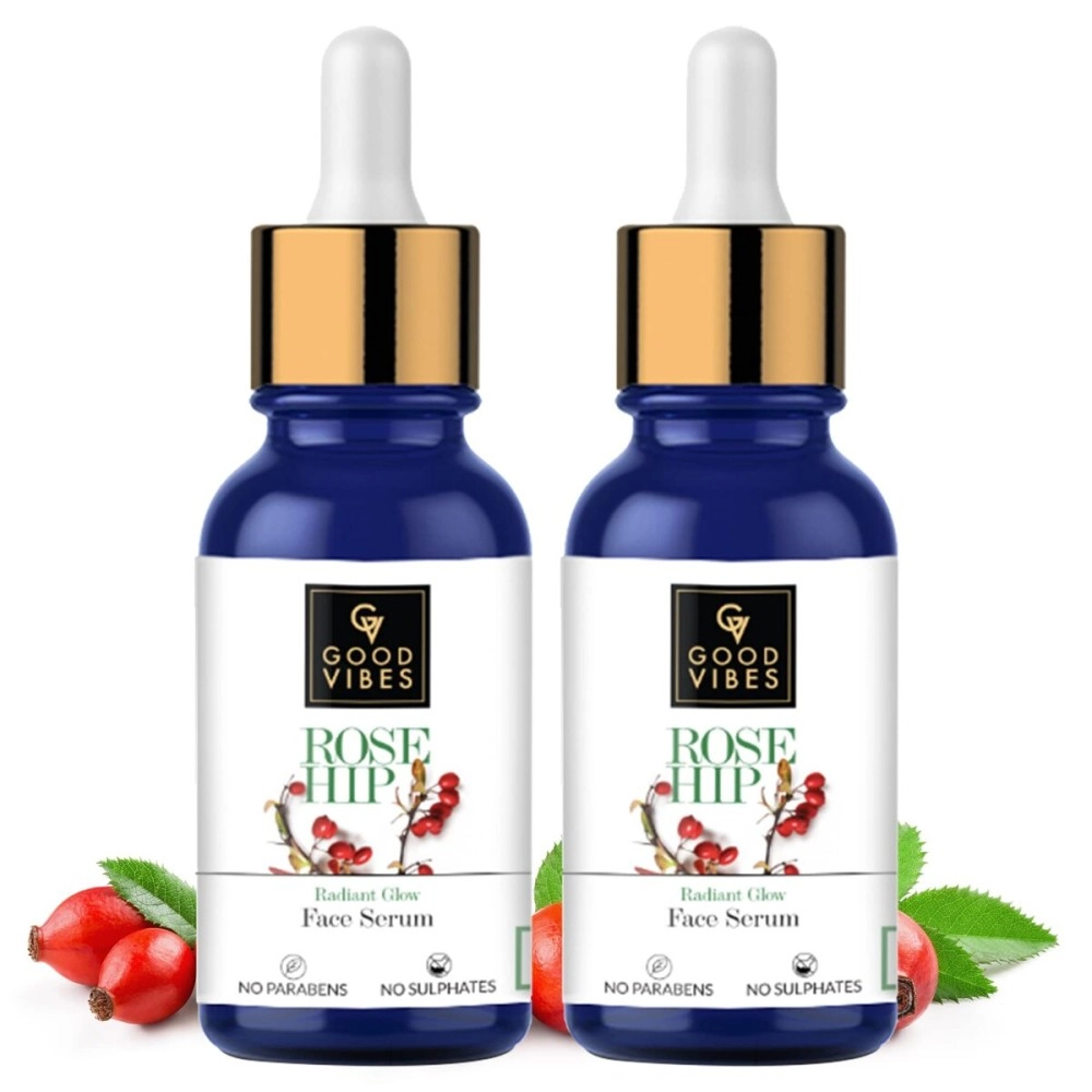 Good Vibes Rose Hip Face Serum, 10 ml (Pack of 2) Light Weight Non Greasy Moisturizing Anti Ageing Formula For All Skin Types, Natural, No Parabens & Sulphates