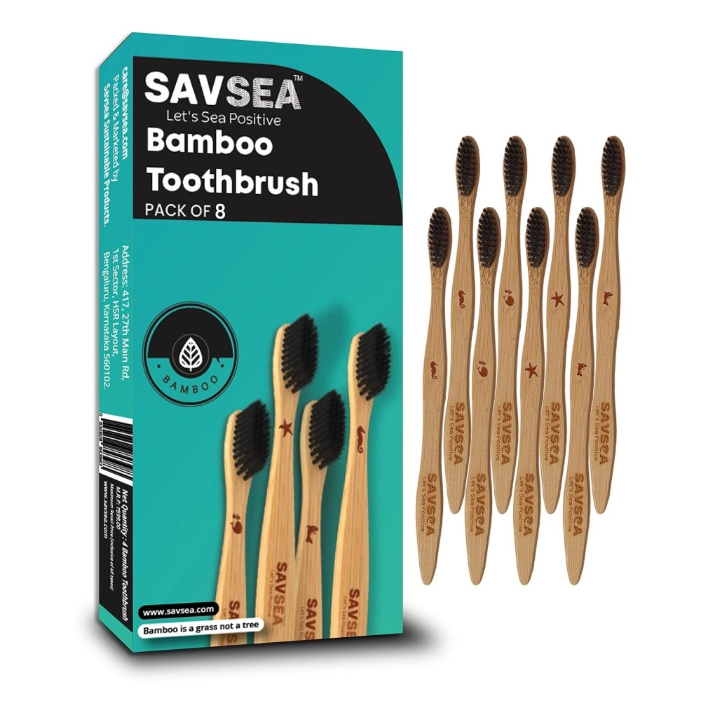 SavSea Soft Charcoal bamboo toothbrush - 8 pcs | Biodegradable bamboo toothbrush with medium bristles