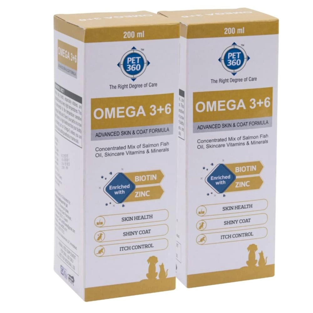 PET360 Omega 3+6 Concentrated Salmon Fish Oil for Dogs & Cats with Vitamins, Minerals & Taurine - 200 ml, Pack of 2 | Shinier Coat, Itch Control & Reduced Skin Allergies | Improved Skin & Hair Health