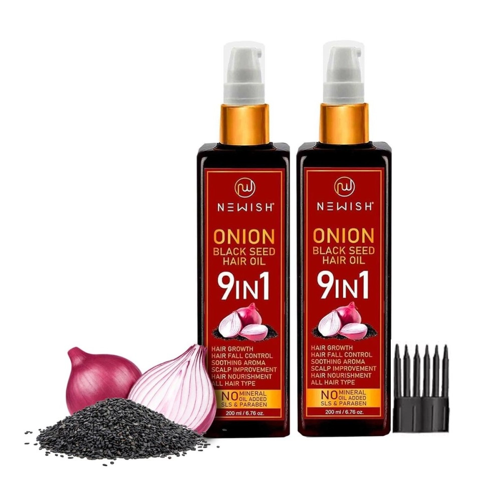 Newish Onion Black Seed Hair Oil With (COMB APPLICATOR) Best Use For Control Hair Fall & Dandruff | Free From All Harmful Chemicals | Synthetic Fragrance (Size 200ml (Pack -2)