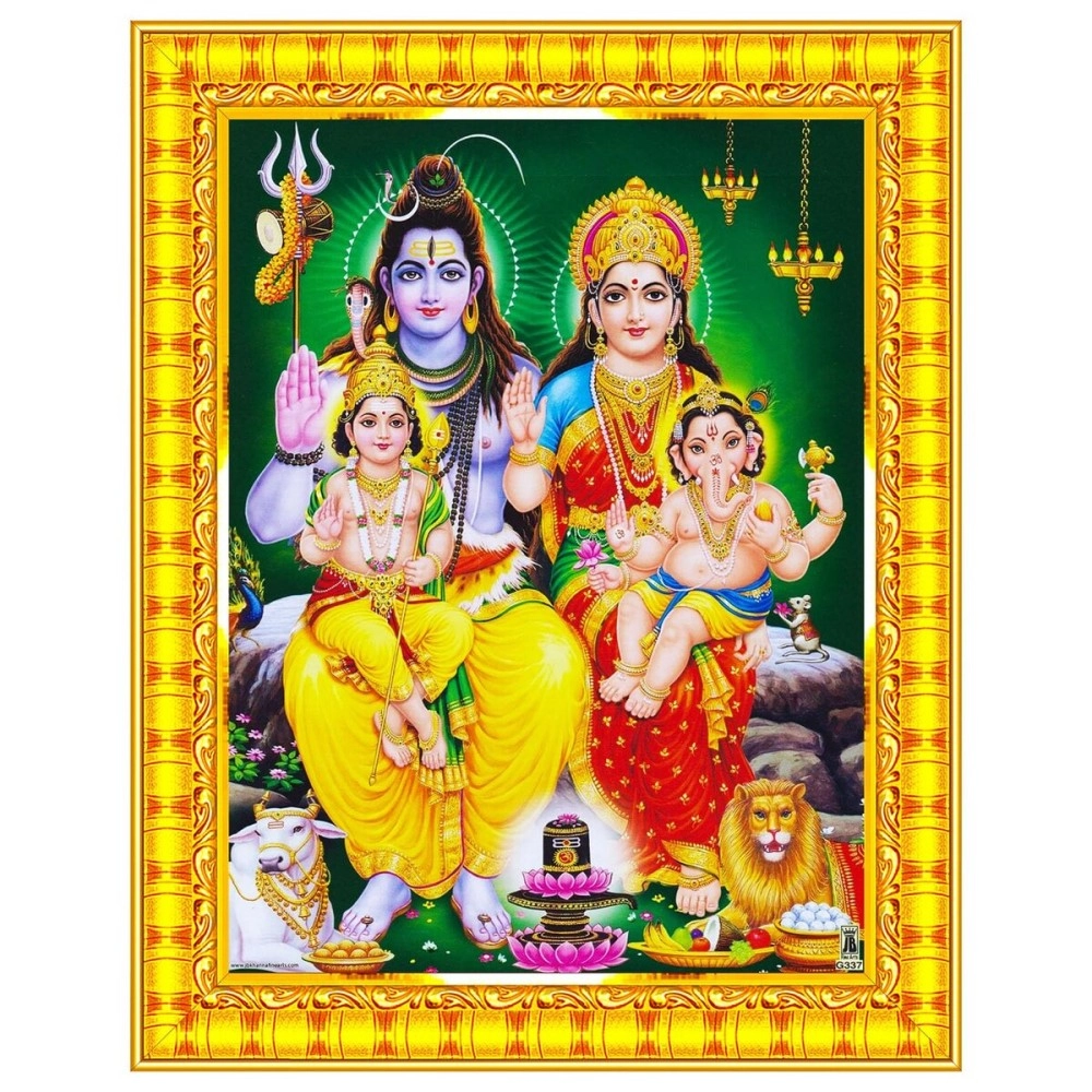 Pavan Photo Laminations Shiv Parivar Family Siva Parvati Lord Shiva Wall Painting Framed Home Decor (Wood,Matte,Gold,Small Size,6 x 8 Inch) R145S