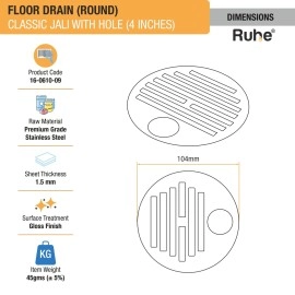 Ruhe Classic Round Jali Floor Drain | Bathroom Drainage Cover Round | Drain Cover with Hole | Premium Grade Stainless Steel Floor Drain | Gloss Finish | Waste Water Drainer | 4 Inches | Silver