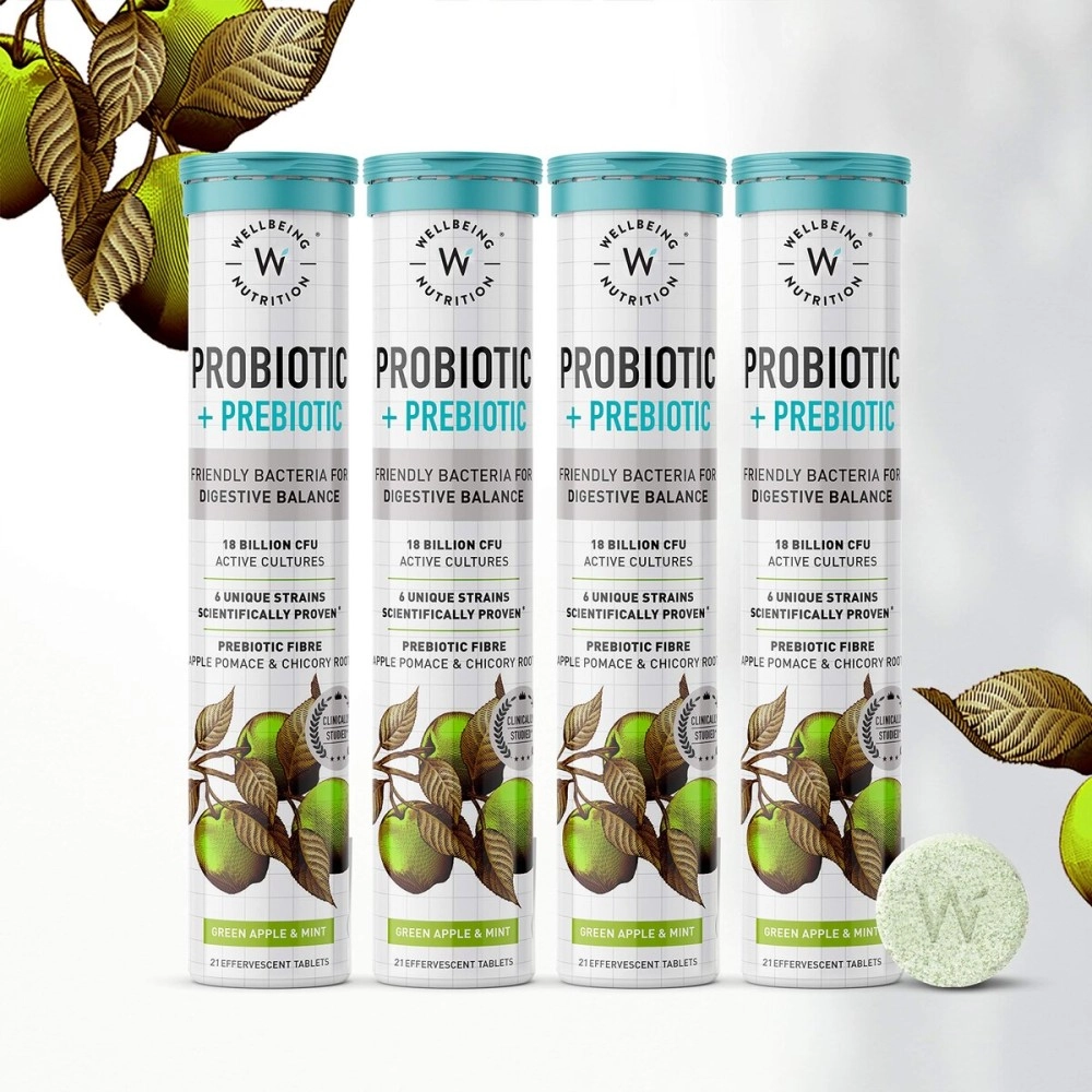 WELLBEING NUTRITION Daily Probiotic + Prebiotic| Plant Based |36 Billion CFU, 6 Strains for Men & Women with Organic Prebiotic Fiber for Digestion, Gut Health, Metabolism | 84 Effervescent Tabs