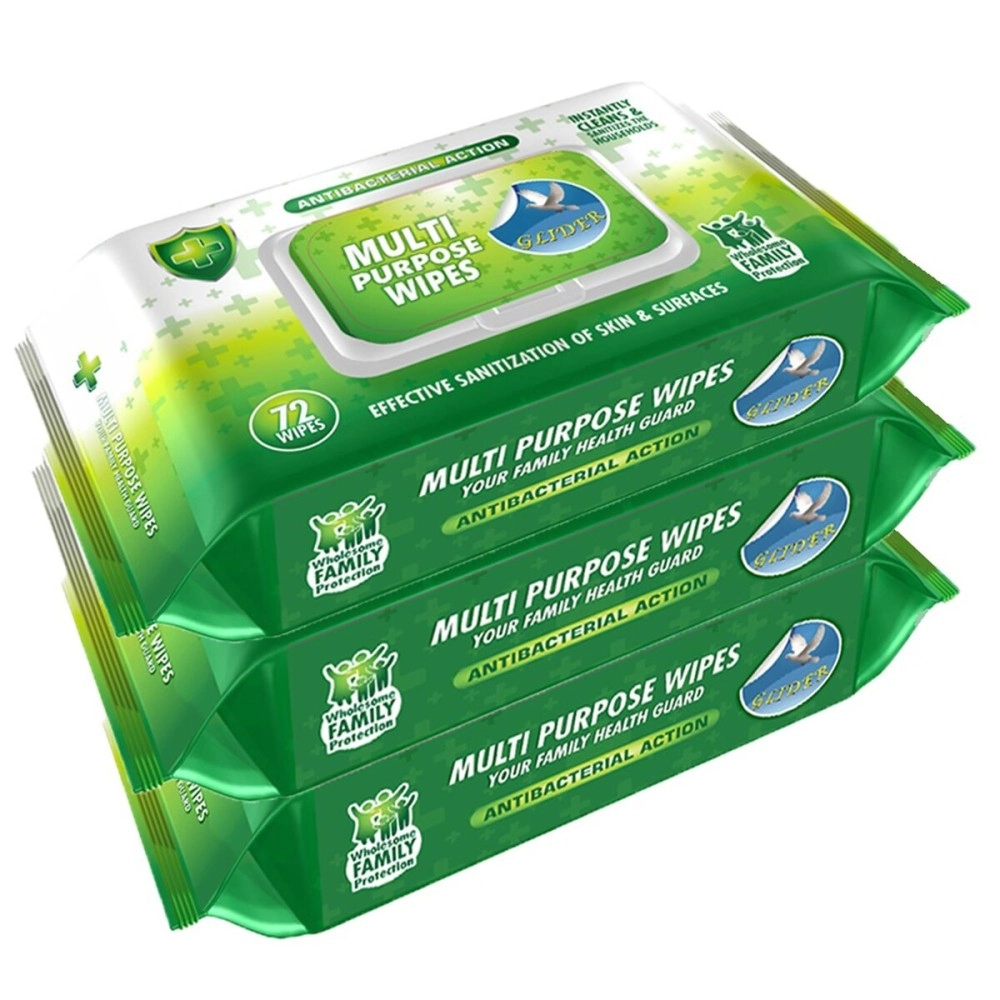 Glider Multipurpose Skin and Surface Wipes with Flip-Top | Gentle & Effective Cleaning for Hands & Surfaces | (Pack of 3 - 216 Wipes)