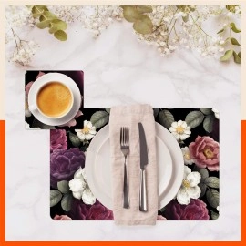 Bathla Matworks - Table Mats / Placemats & Coasters for Dining Table | Heat-Resistant, Waterproof & Washable | (Camellia - Set of 6 - 45cmx30cm)