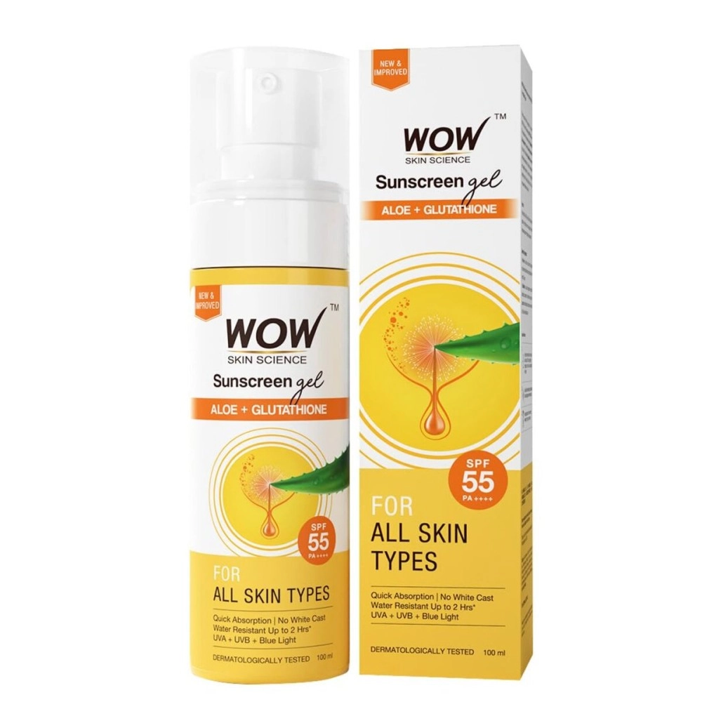 WOW Skin Science Sunscreen Gel For All Skin Types | SPF 55 PA++++ | With Glutathione & Aloe Vera Extract | Lightweight | Quick Absorbing | No White Cast | UVA & UVB Protection | 100 ml
