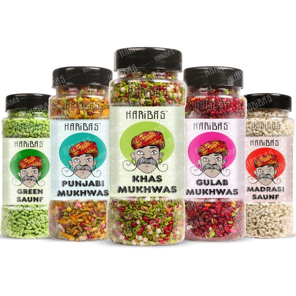 HARIBAS Mukhwas Mouth Freshener PACK OF 5 with sauf mouth freshener, Green Saunf 180G, Punjabi 200GM, Khas Chandan 180G, Gulab 200 Gram and Madrasi white saunf 150G Bottle