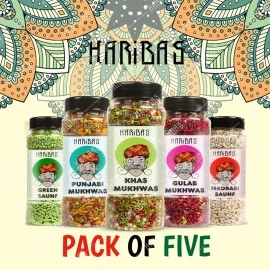 HARIBAS Mukhwas Mouth Freshener PACK OF 5 with sauf mouth freshener, Green Saunf 180G, Punjabi 200GM, Khas Chandan 180G, Gulab 200 Gram and Madrasi white saunf 150G Bottle