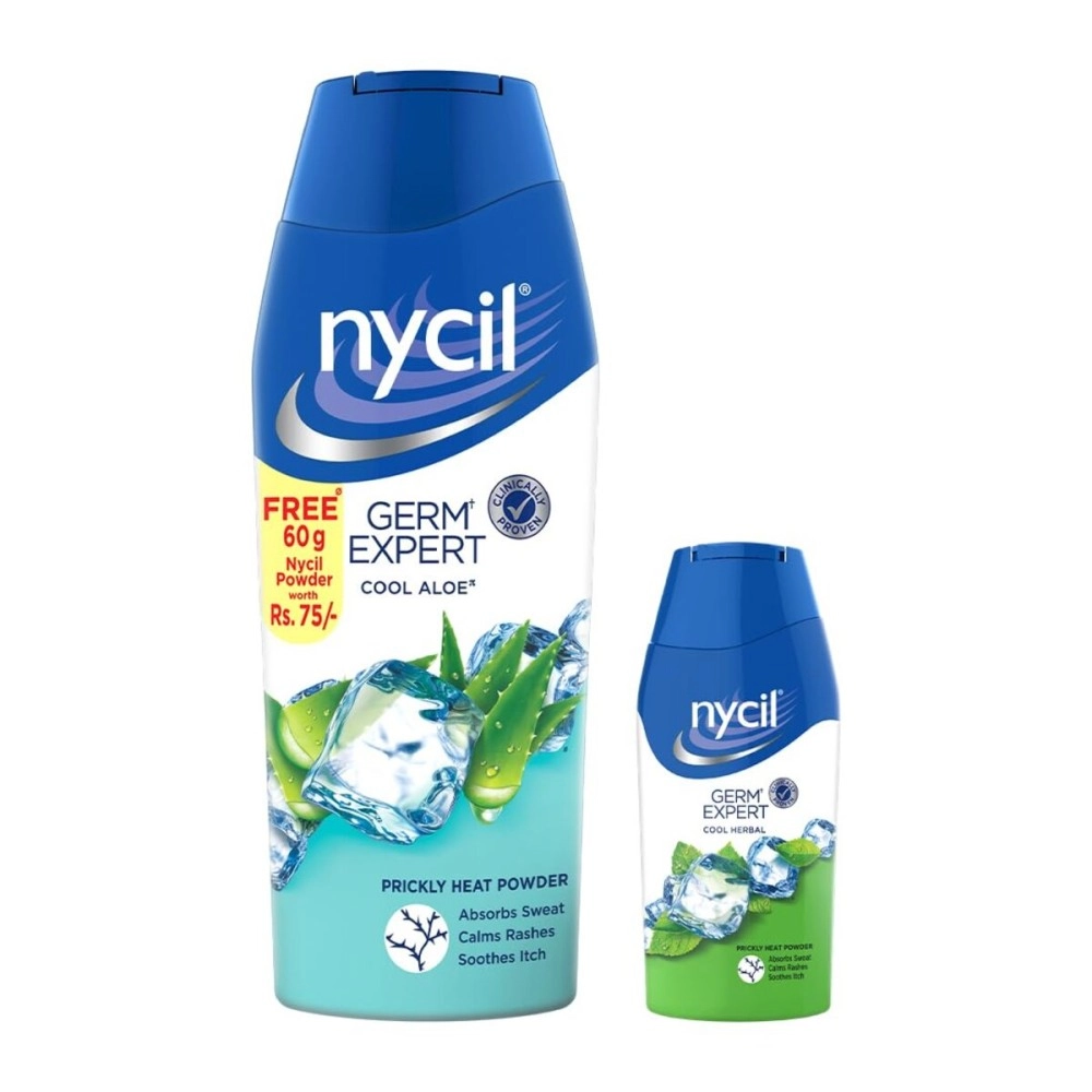 Nycil Germ Expert Prickly Heat Powder,150gm+50gm, Assorted Fragrances (Cool Aloe) with Bringa Cleanser Trial Pack