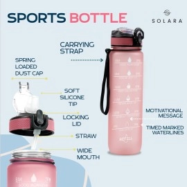 SOLARA Unbreakable Water Bottle with Motivational Time Marker, Sipper Bottle with Straw for Gym Office, Mobile app with Drinking Water Reminder, Detoxing ebook Included, Pearly Pink, Silicone, 1 Piece