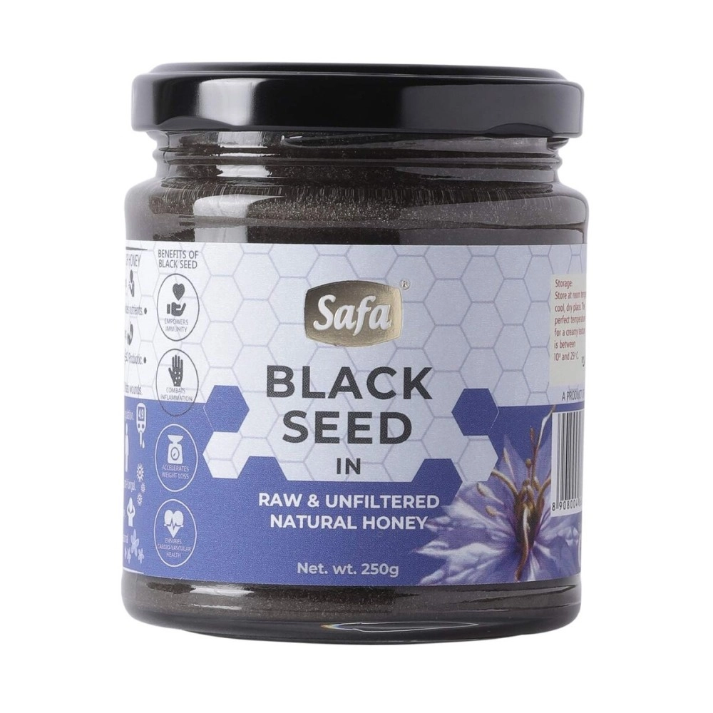 Safa Black Seed Honey Immune Booster Organic Honey Raw Unprocessed Natural Kalonji Honey Unheated With No Added Sugar|For Nurturing Growing Children & Adults Natural, Unpasteurized, 250G Glass Jar