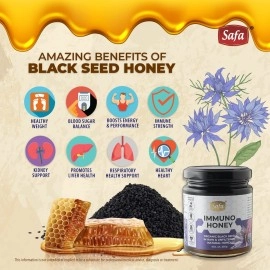 Safa Black Seed Honey Immune Booster Organic Honey Raw Unprocessed Natural Kalonji Honey Unheated With No Added Sugar|For Nurturing Growing Children & Adults Natural, Unpasteurized, 250G Glass Jar
