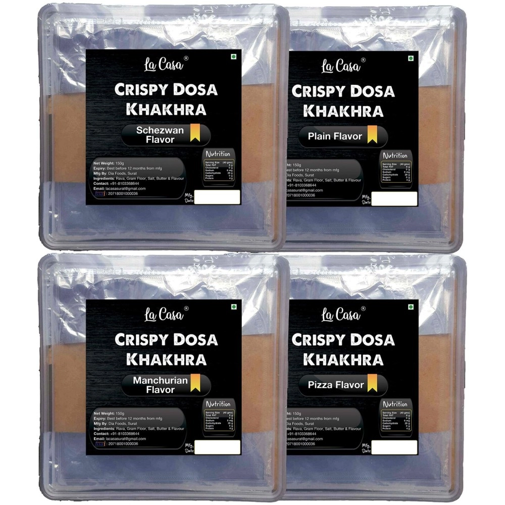 La Casa Crispy Dosa Khakhra | Combo of 4 Flavors | Plain, Manchurian, Pizza & Schezwan Flavored | 12pcs x 4 or 150g x 4 |