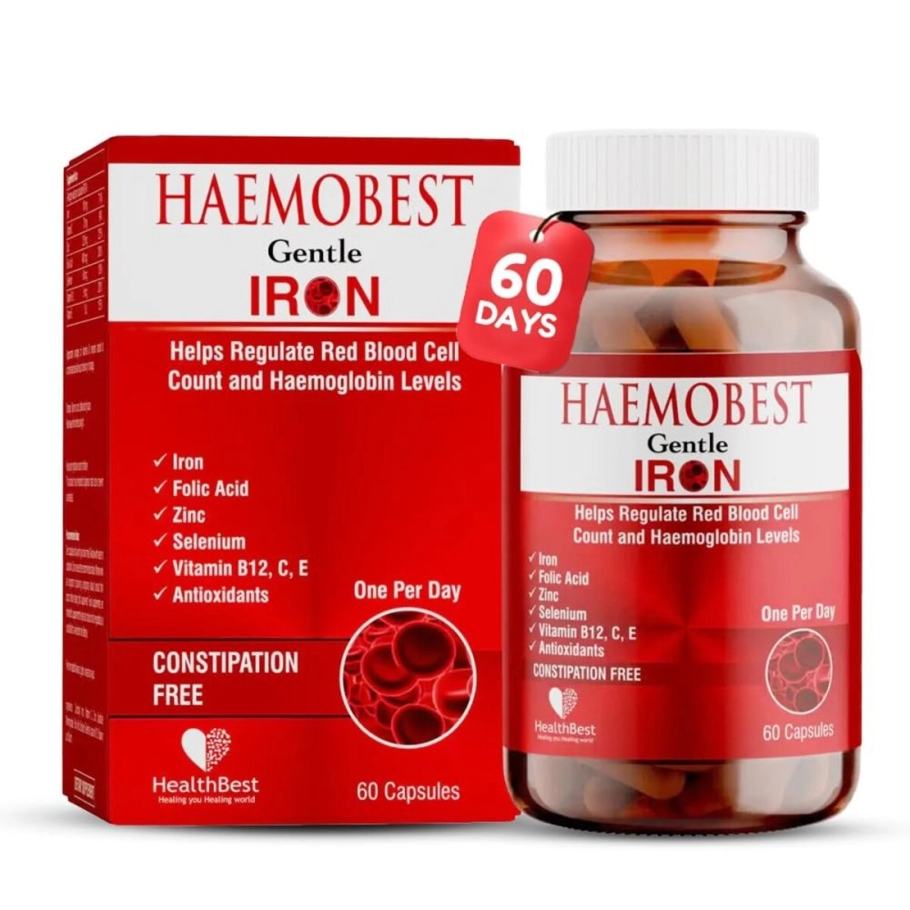 HealthBest Haemobest Capsules Iron Supplement | Increases Hemoglobin | Ideal for Sensitive Stomachs - Non-Constipating | Red Blood Cell Supplement | 60 Capsule