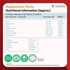 HealthBest Haemobest Capsules Iron Supplement | Increases Hemoglobin | Ideal for Sensitive Stomachs - Non-Constipating | Red Blood Cell Supplement | 60 Capsule