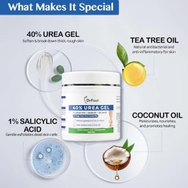 Dr Foot 40% Urea Gel with 1% Salicylic Acid, Coconut & Tea Tree Oil Moisturizes Callus Cracked Rough Dry Dead Skin and Corns, Softens Thick Painful Nails, 100 g