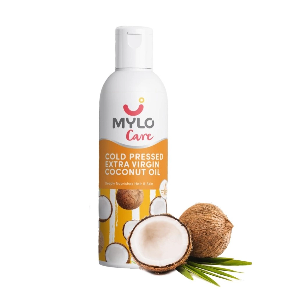 Mylo Care Cold Pressed Extra Virgin Coconut Oil for Adults and Babies 200Ml, 100% Pure Coconut Oil for Strong Hair and Soft Skin, Ideal for Baby Massage, No Parabens and Mineral Oils