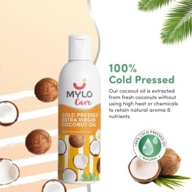 Mylo Care Cold Pressed Extra Virgin Coconut Oil for Adults and Babies 200Ml, 100% Pure Coconut Oil for Strong Hair and Soft Skin, Ideal for Baby Massage, No Parabens and Mineral Oils