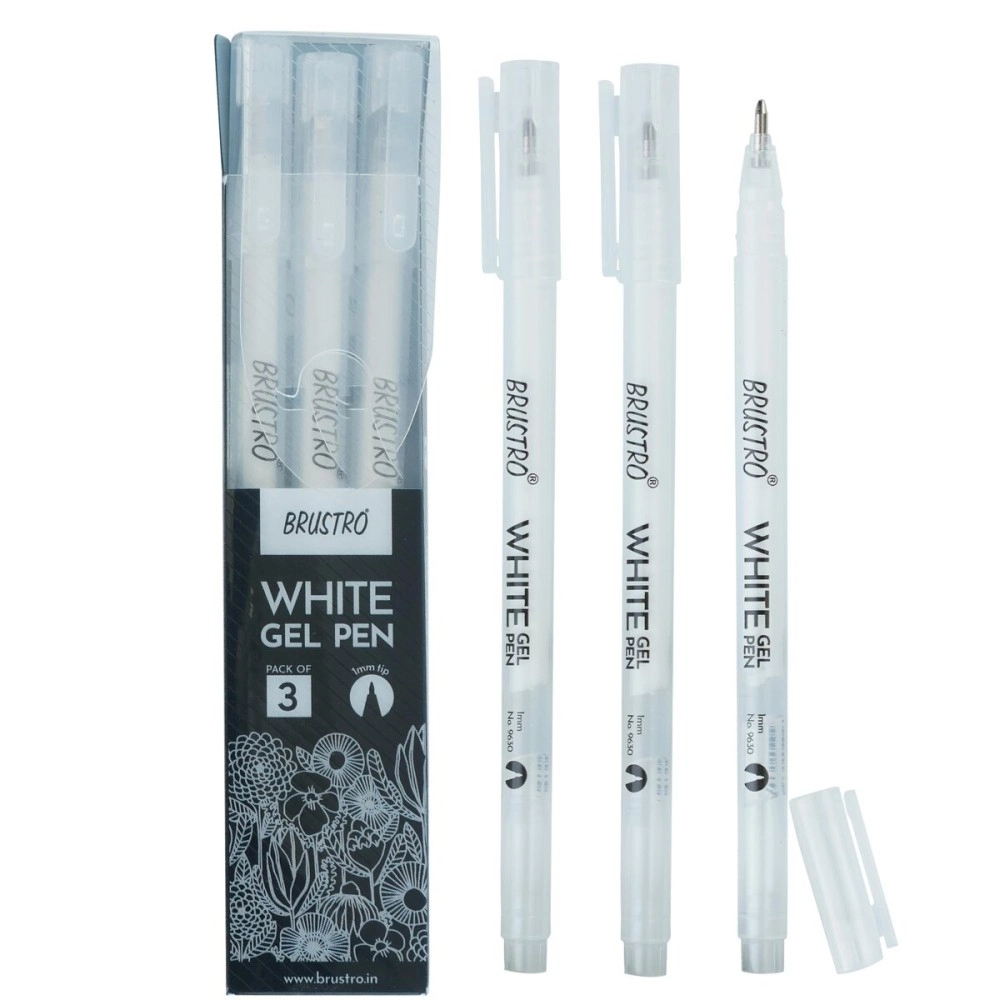 BRUSTRO White Gel Pen | Tip Size -1 mm|Pack of 3 | Ideal for Students and Adults, Drawing, Mandala Arts, Students, Office Use, Writing, Pen Set