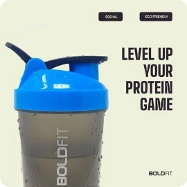 Boldfit Compact Gym Shaker Bottle, Shaker Bottles For Protein Shake, Bpa Free Material, Plastic, Blue And Grey, 500ml