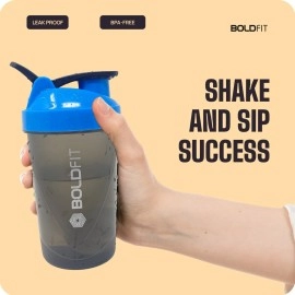 Boldfit Compact Gym Shaker Bottle, Shaker Bottles For Protein Shake, Bpa Free Material, Plastic, Blue And Grey, 500ml