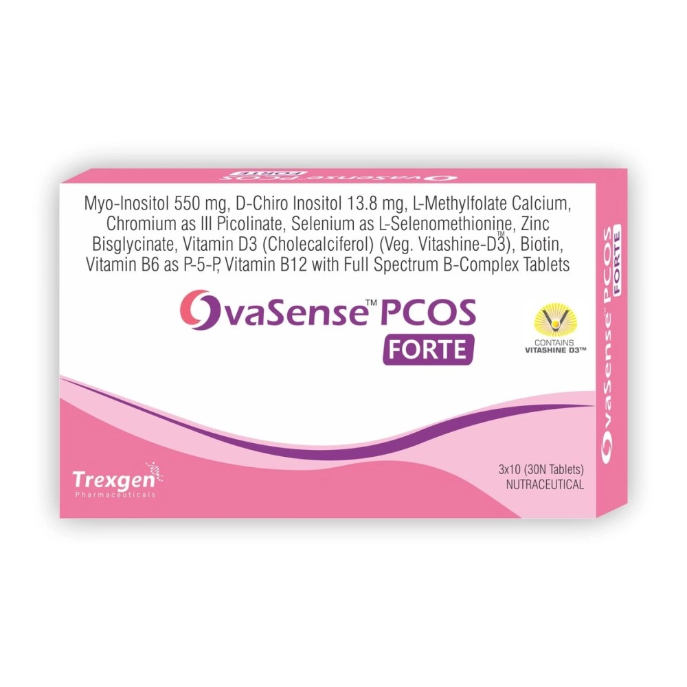Trexgen OvaSense-PCOS Forte Synergistic Myo-inositol 550mg & D-Chiro Inositol 13.8mg, Cholecalciferol, B-complex,Zinc, Chromium, Selenium & Micronutrients (30 Tablets) (1)