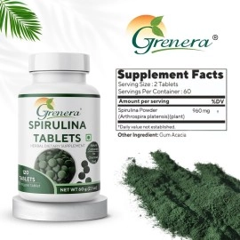 Grenera Spirulina Superfood Tablets 120 nos (500 mg) Pure, Natural supplement