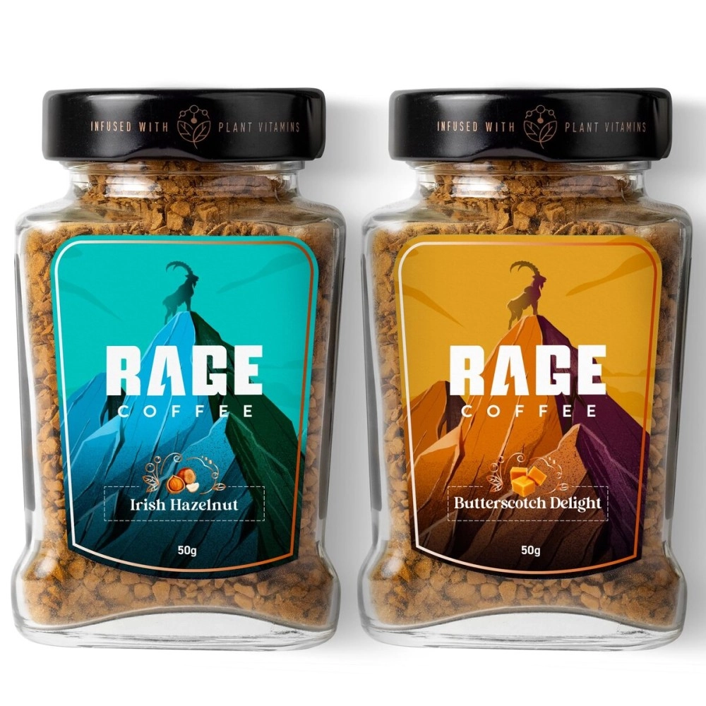 RAGE COFFEE Instant Coffee Combo Pack of 2 - Butterscotch Delight & Irish Hazelnut (Flavoured Instant Coffee 50gms each made using premium Arabica Beans), Glass Bottle