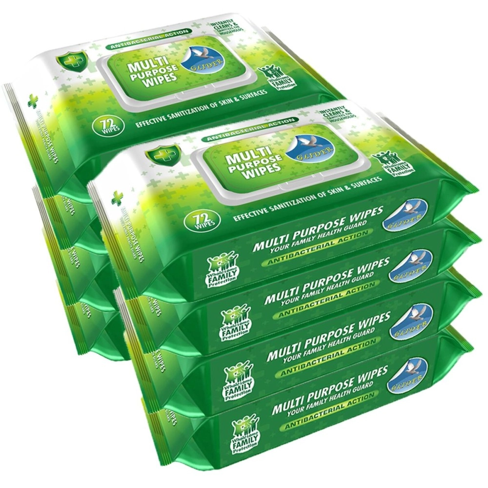 Glider Multipurpose Skin and Surface Wipes with Flip-Top | Gentle & Effective Cleansing for Hands & Surfaces | (Pack of 8 - 576 Wipes)