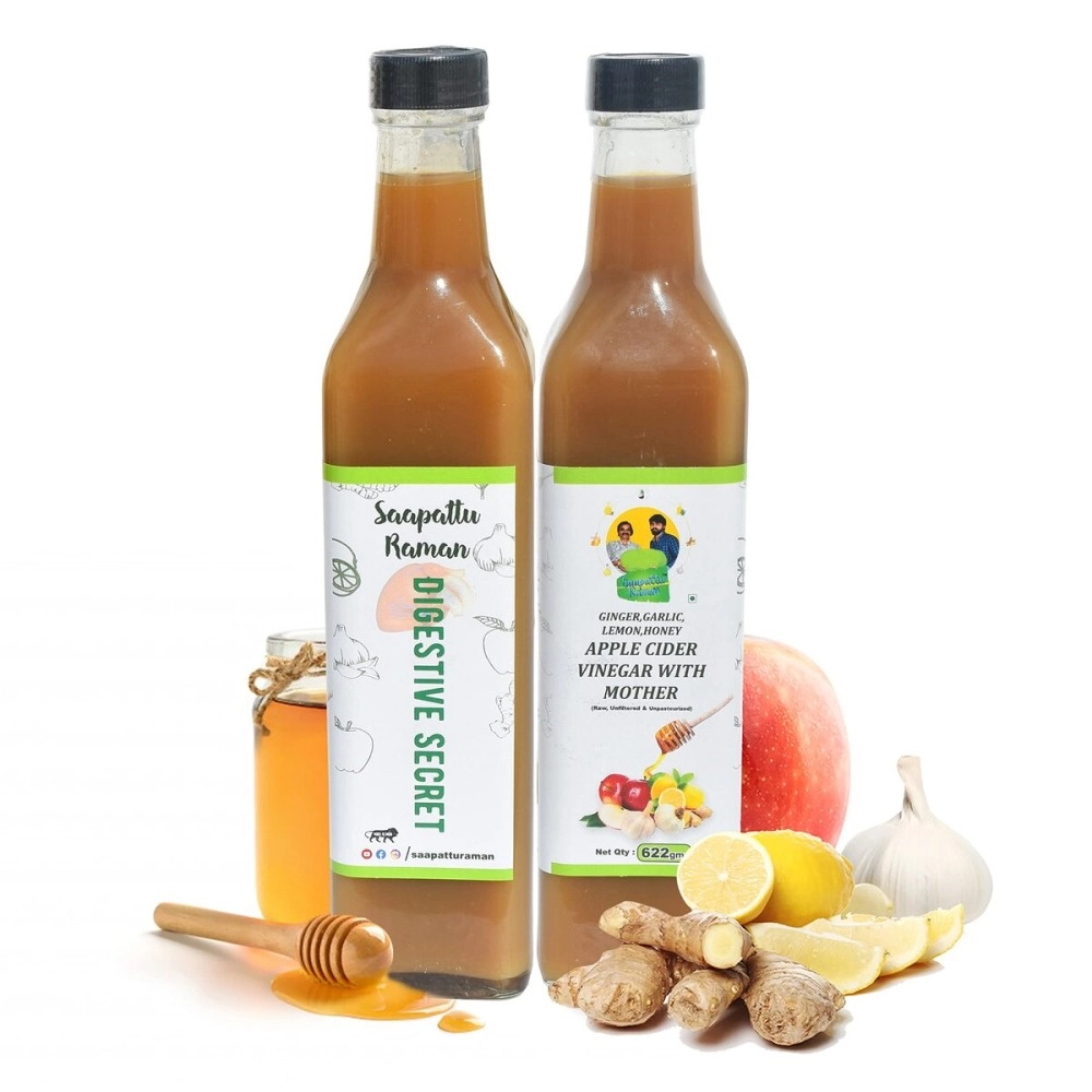 Saapattu Raman Digestive Secret-Ginger, Garlic, Lemon, Honey-Apple Cider Vinegar With Mother (Raw, Unfiltered & Unpasteurized) Pack Of 02 X 622 Ml Bottles